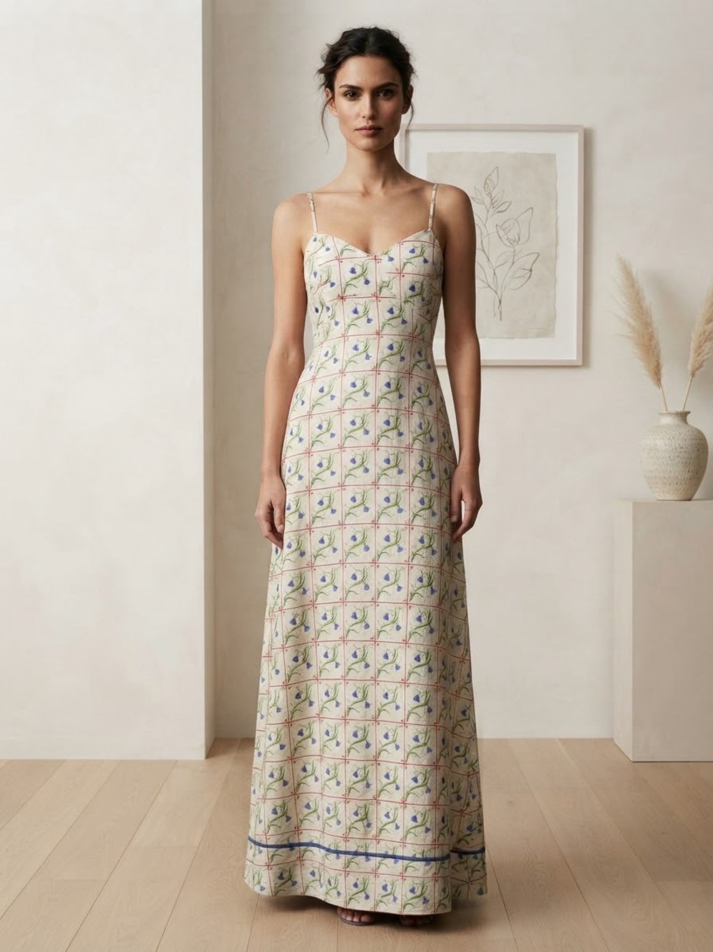 Joie White Maxi Dress with Blue Floral and Red Grid